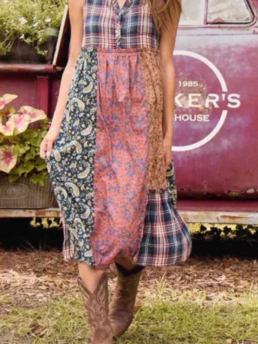 NATURAL LIFE Patchwork Maxi Dress — Blue, Pink, Brown